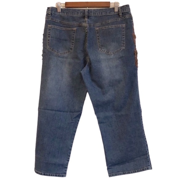 MISHCA HIGH WAISTED EMBELLISHED CROPPED DENIM JEANS BLUE BROWN PLUS SIZE 14 - Picture 4 of 13